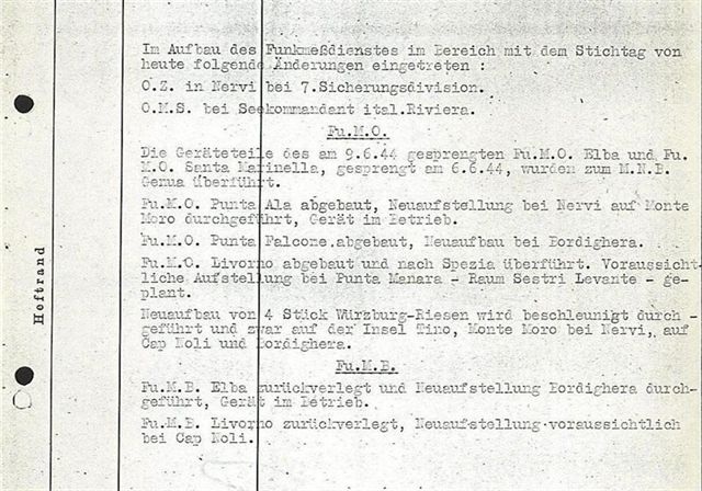 Documento Tedesco relativo al radar Fu.M.O. e al dispositivo di intercettazione di segnali radar alleati Fu.M.B. in realt la presenza sull'Isola di tali apparati fu breve.